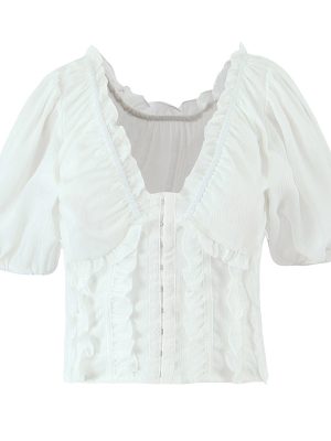 Summer White V-Neck Puff Sleeve Short Top
