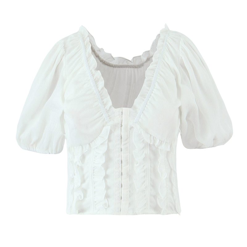 Summer White V-Neck Puff Sleeve Short Top