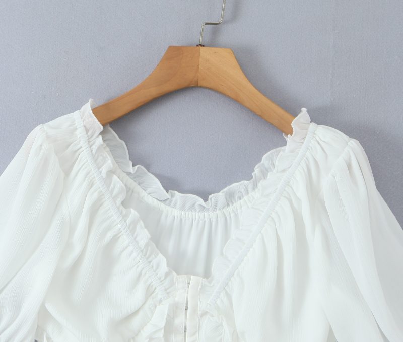 Summer White V-Neck Puff Sleeve Short Top - Image 2