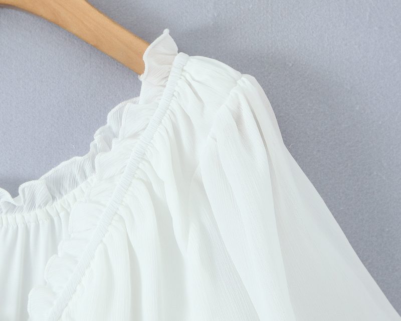 Summer White V-Neck Puff Sleeve Short Top - Image 3