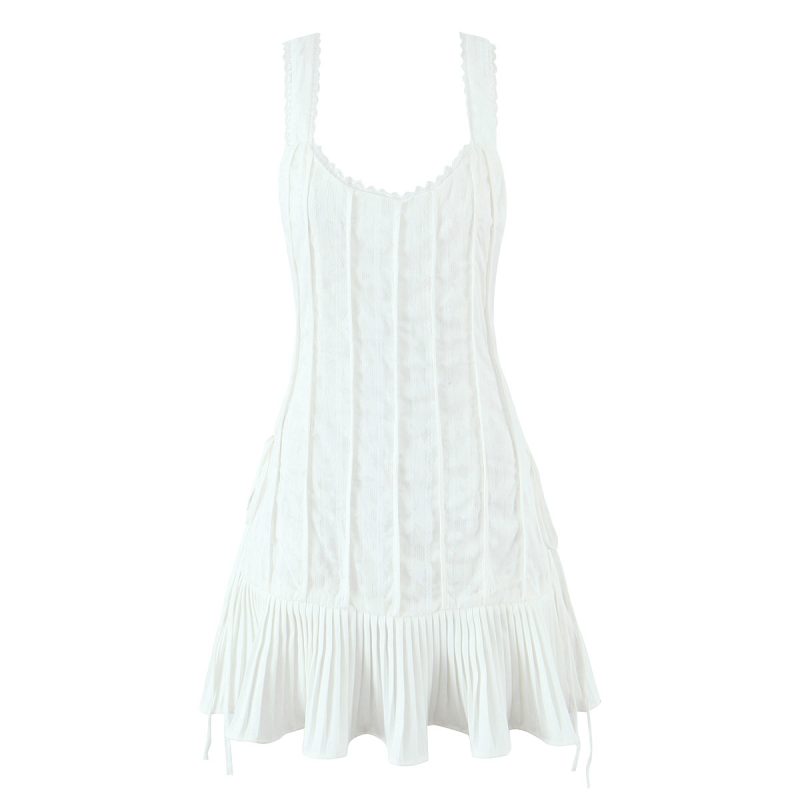 White Pleated Slim Suspender Dress for Women - Image 2
