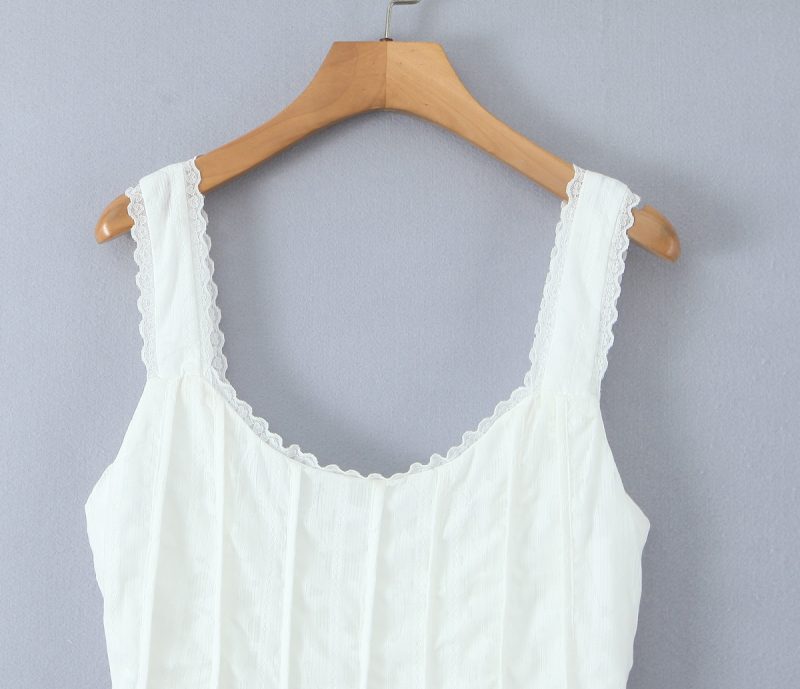 White Pleated Slim Suspender Dress for Women - Image 3