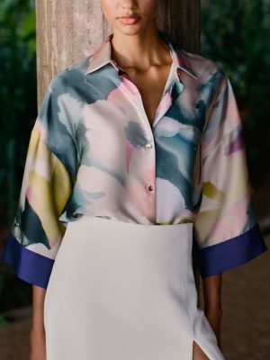 Spring Printed Silk Satin Textured Shirt
