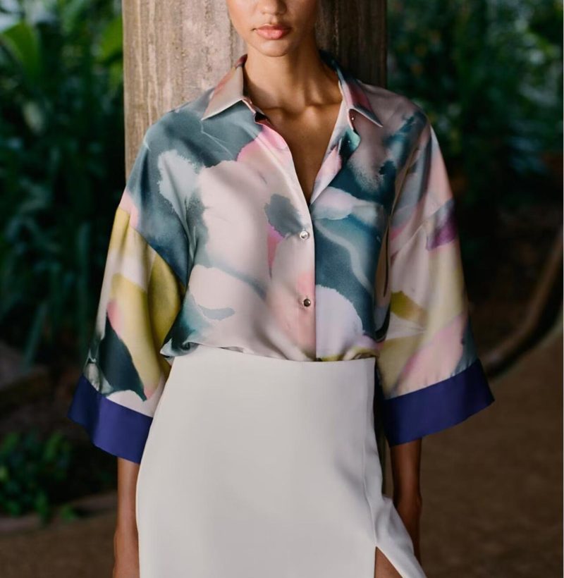Spring Printed Silk Satin Textured Shirt