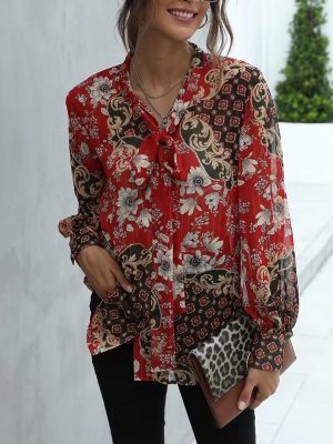 Elegant Gold Thread Chiffon Printed Long Sleeve Shirt