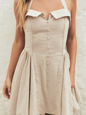 Simple Plaid Hanging Collar Sling Dress