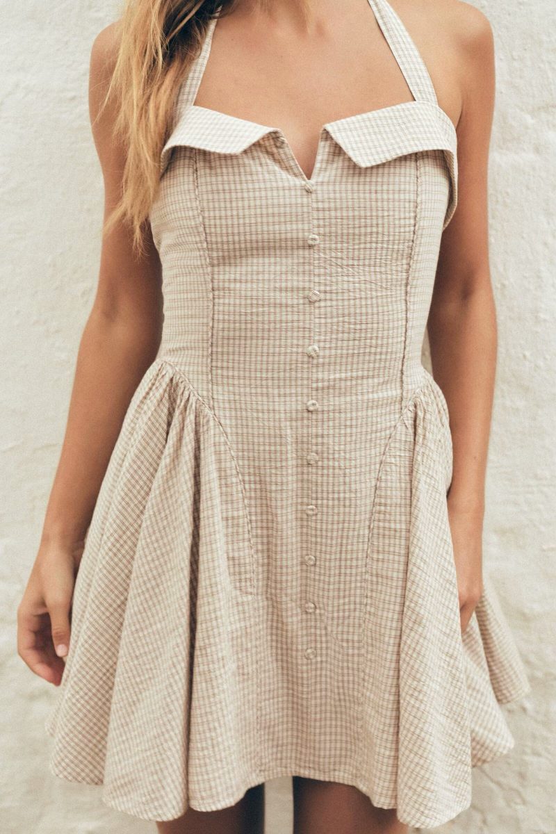 Simple Plaid Hanging Collar Sling Dress
