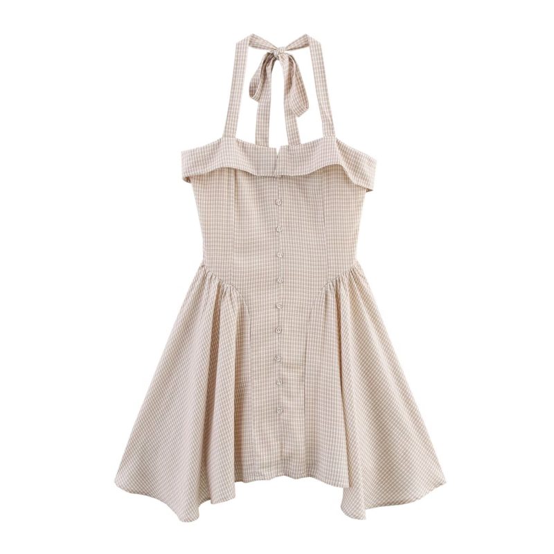 Simple Plaid Hanging Collar Sling Dress - Image 3