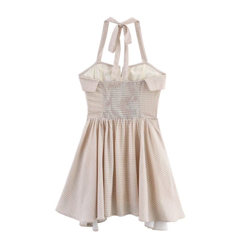 Simple Plaid Hanging Collar Sling Dress - Image 4