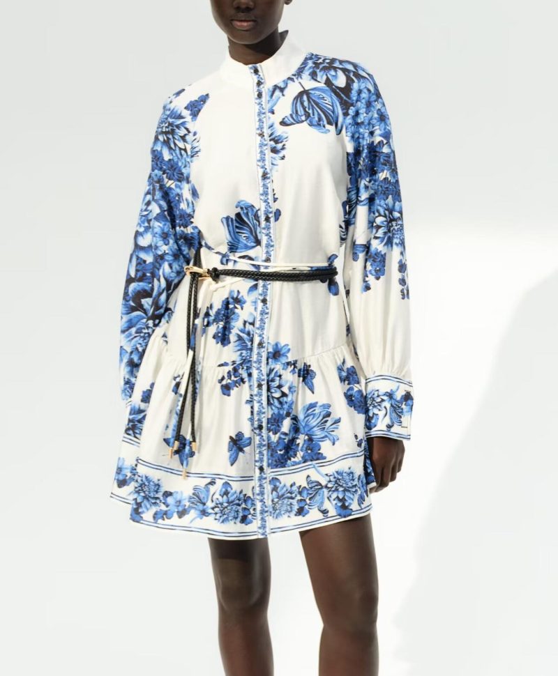 Printed Belted Long Sleeve Street Style Dress