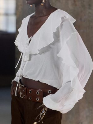 Ruffled Collar Tied Bell Sleeve Chiffon Shirt