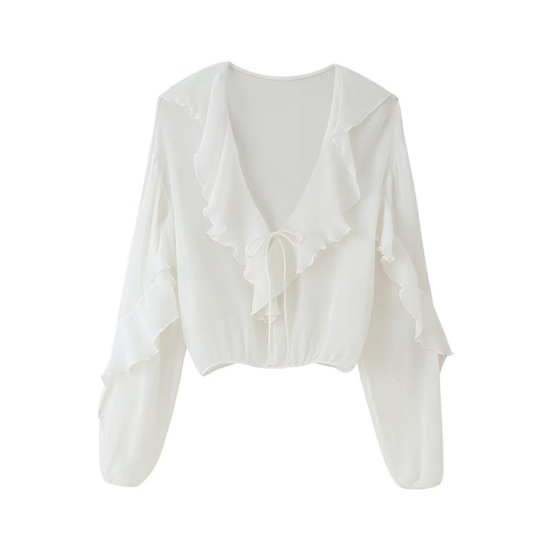Ruffled Collar Tied Bell Sleeve Chiffon Shirt - Image 2