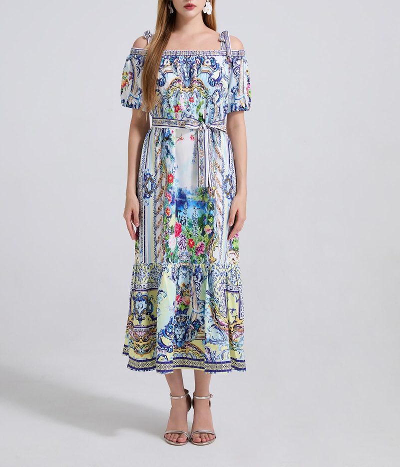 Off-Shoulder Lace-Up Printed Cinched Waist Dress