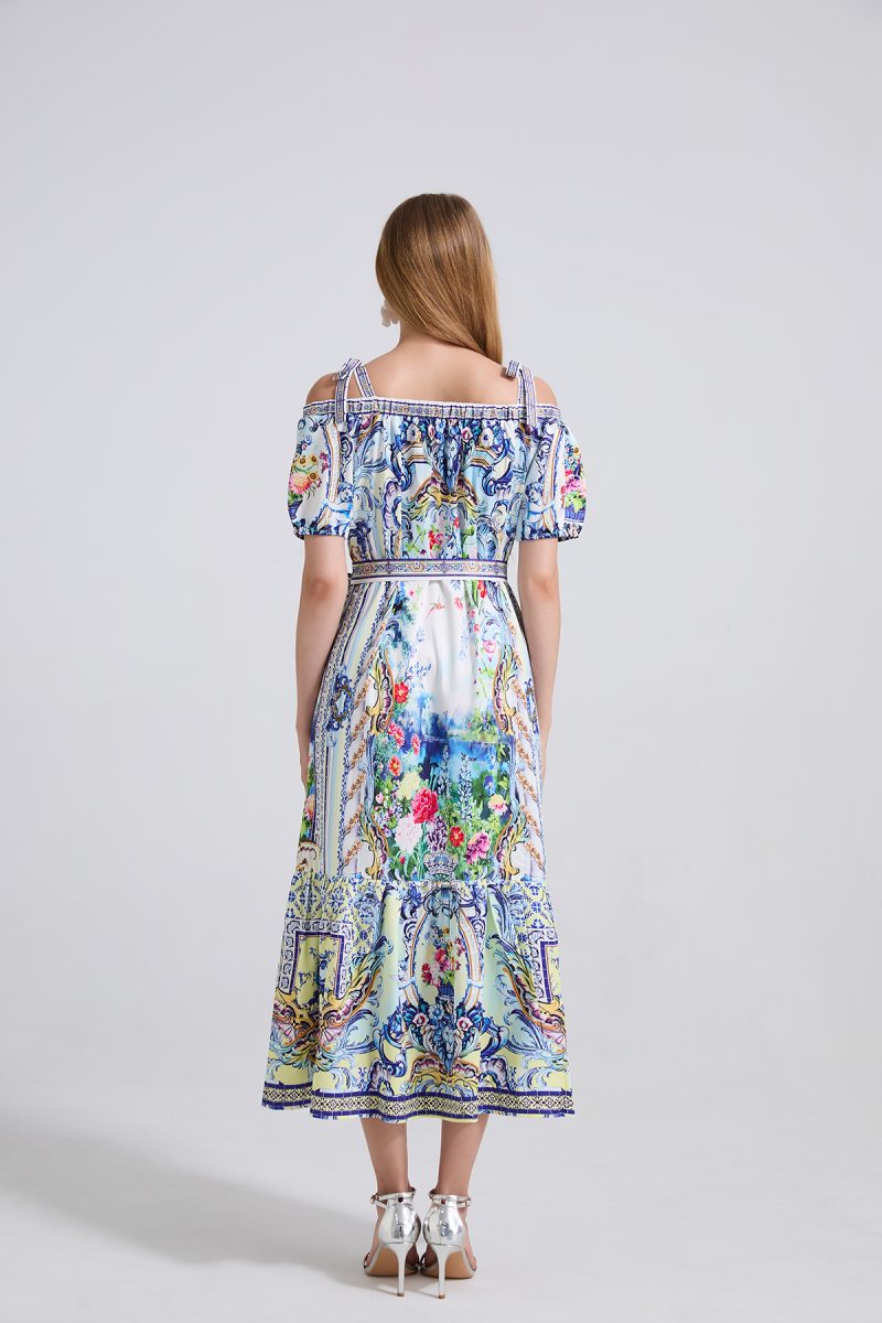 Off-Shoulder Lace-Up Printed Cinched Waist Dress - Image 2