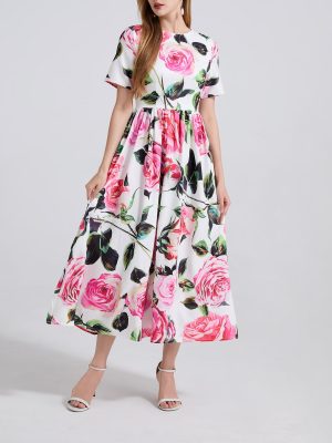 Printed Round Neck High-Waist Swing Dress