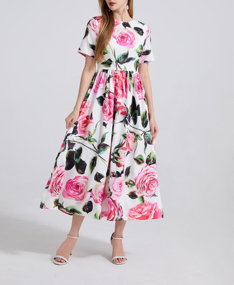 Printed Round Neck High-Waist Swing Dress