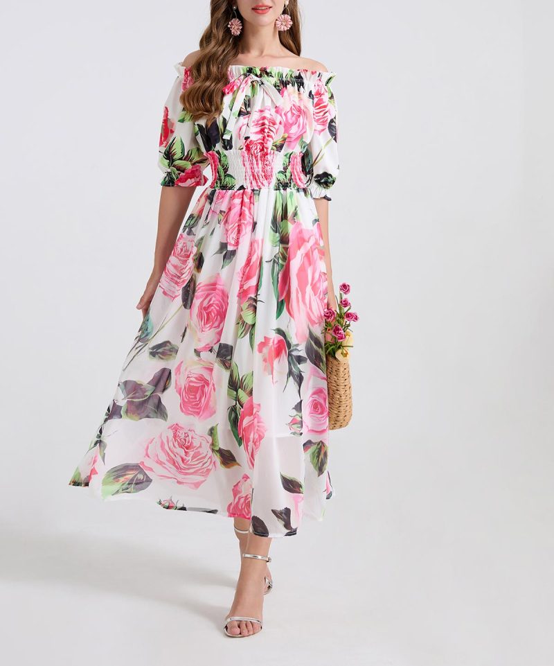 One Shoulder Bow Tie Printed Chiffon Dress