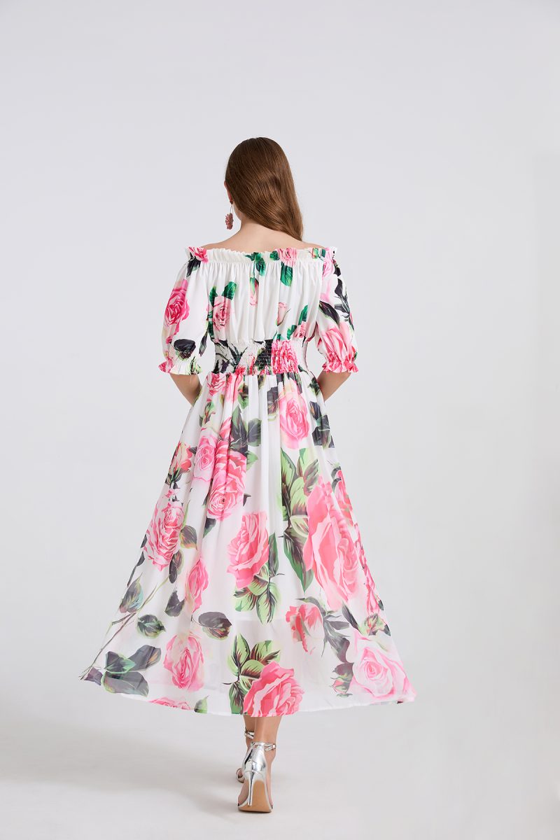 One Shoulder Bow Tie Printed Chiffon Dress - Image 2