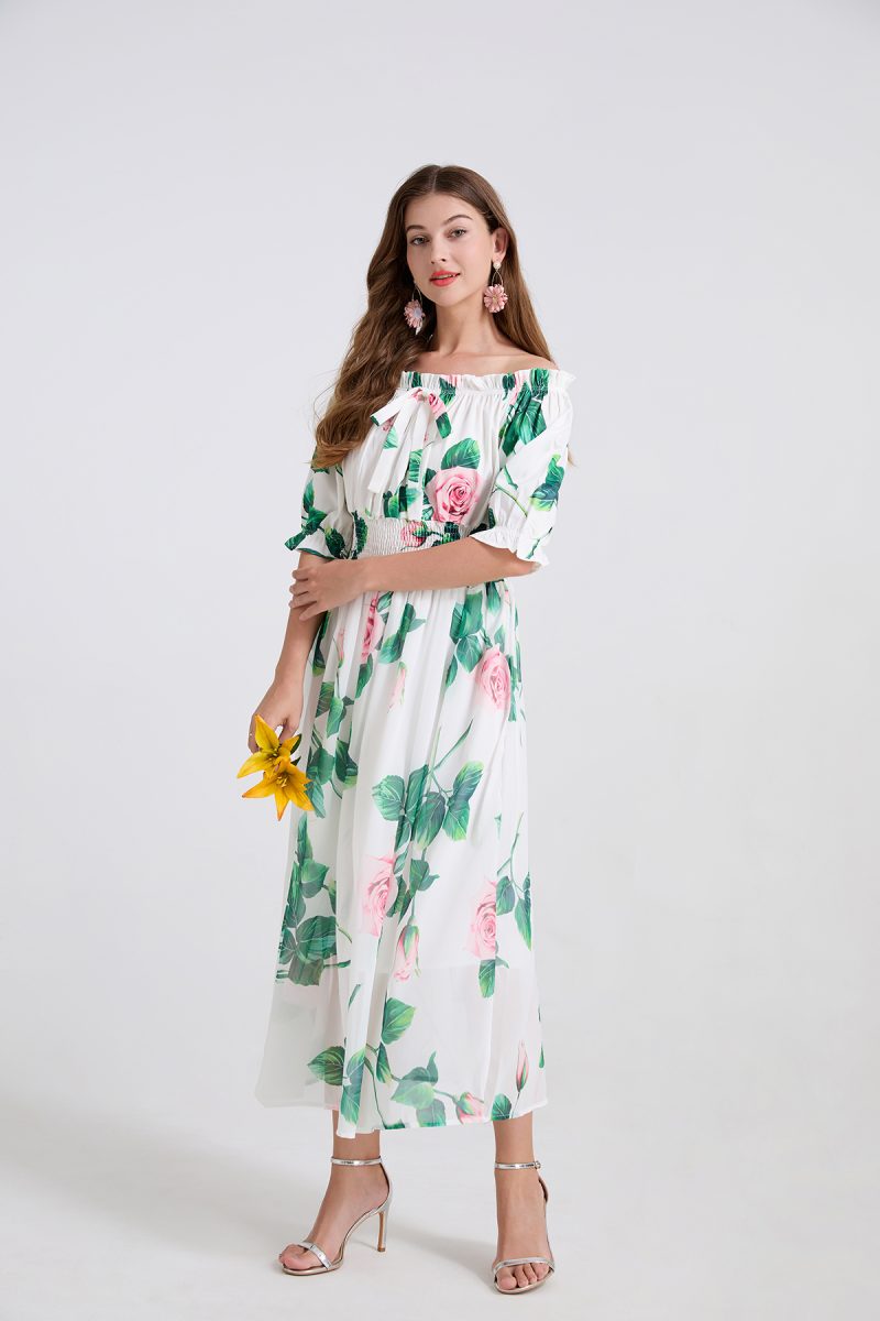 One Shoulder Bow Tie Printed Chiffon Dress - Image 3