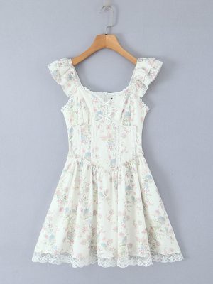 Cherry Blossom Lace Embroidered Square Collar Dress