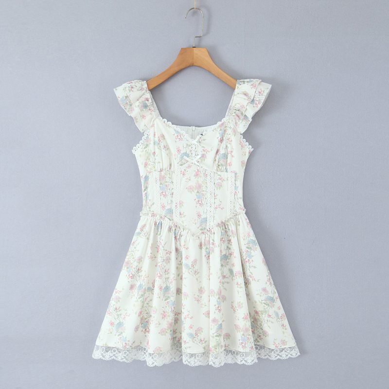 Cherry Blossom Lace Embroidered Square Collar Dress