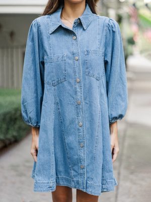 Spring Denim Cotton Loose Dress with Buckle