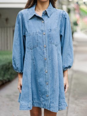 Spring Denim Cotton Loose Dress with Buckle