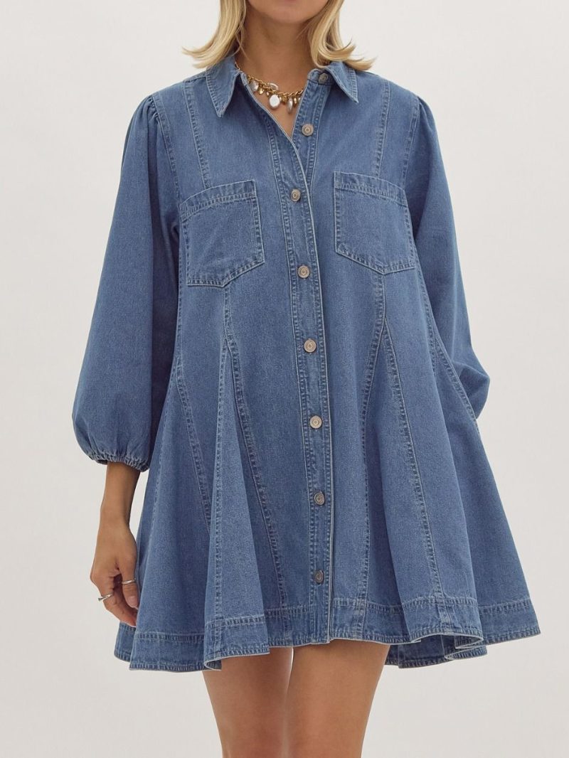 Spring Denim Cotton Loose Dress with Buckle - Image 4