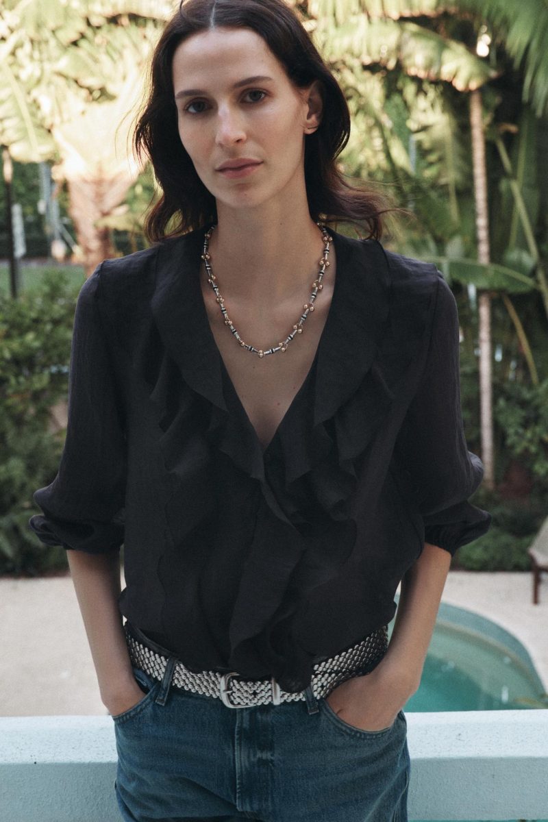 Spring Loose V-Neck Top with Laminated Detail - Image 2