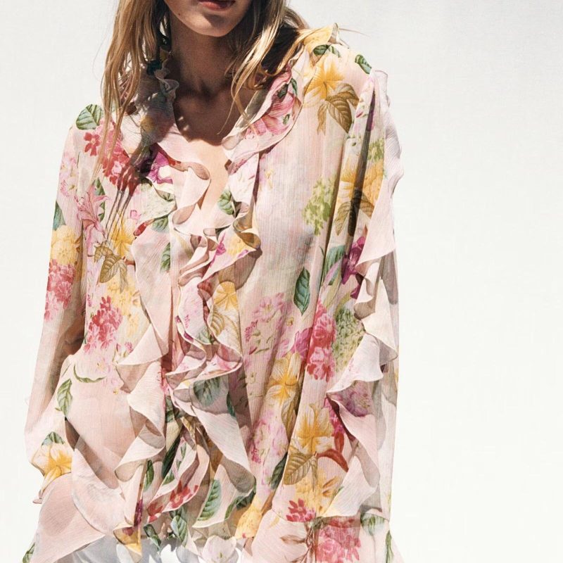 Floral Print Shirt with Laminated Decoration