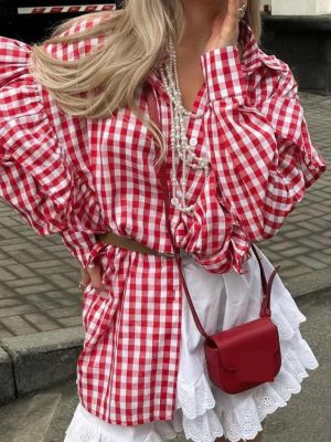 Cotton Plaid Ruffled Collar Long Sleeve Cardigan