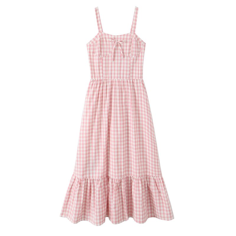 French Retro Plaid Bow Strap Swing Dress - Image 2