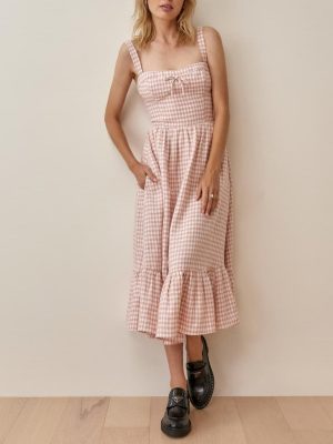 French Retro Plaid Bow Strap Swing Dress