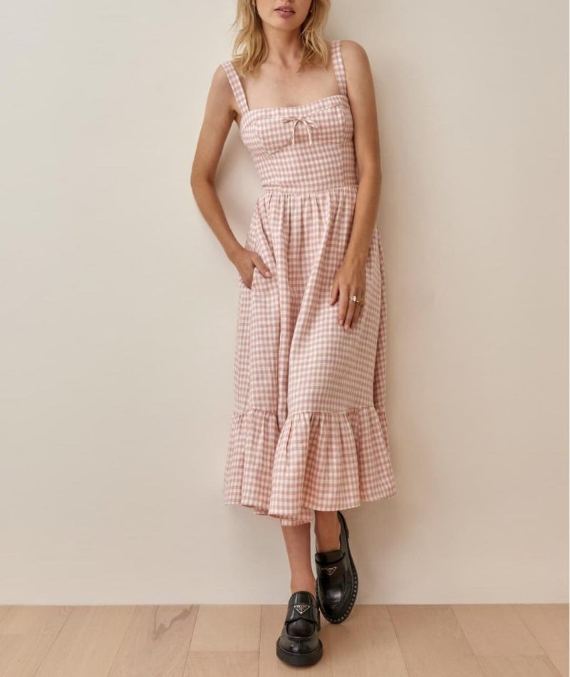 French Retro Plaid Bow Strap Swing Dress