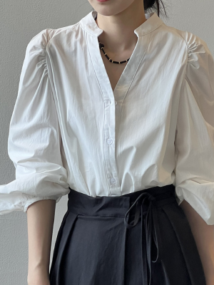 Spring Pleated Puff Sleeve Stand Collar Shirt