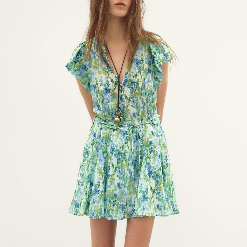 Lace Print Fashion Shirt Mini Dress Women