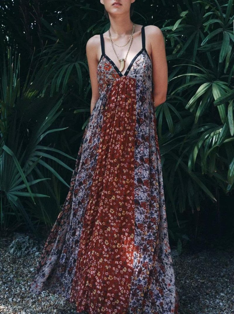 Spring Women’s Long V-Neck Printed Dress