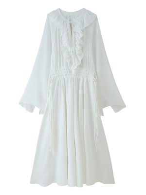 Ruffled Lace-Up Drawstring Long Sleeve Dress