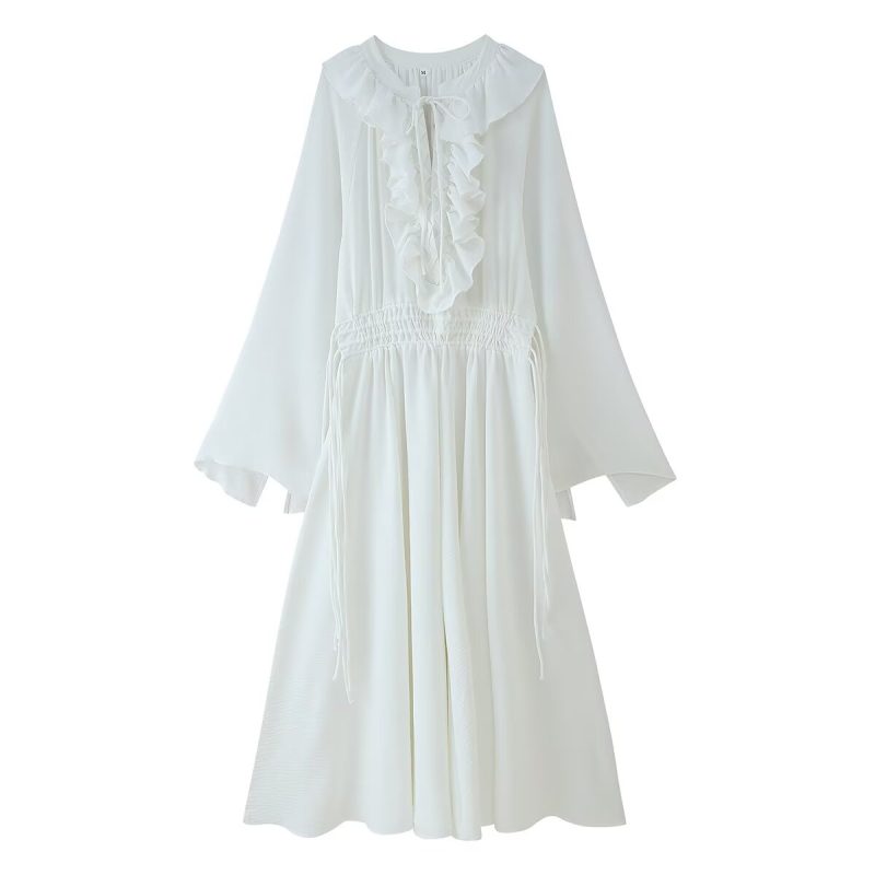 Ruffled Lace-Up Drawstring Long Sleeve Dress