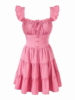 Vintage Pink Dress with Square Collar and Flying Sleeves