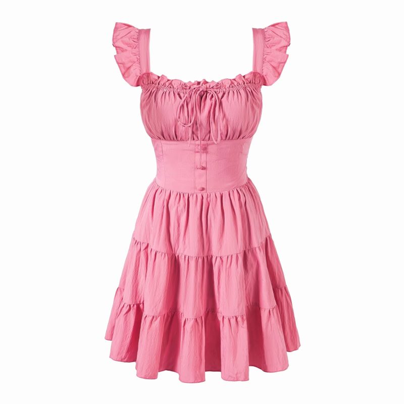 Vintage Pink Dress with Square Collar and Flying Sleeves