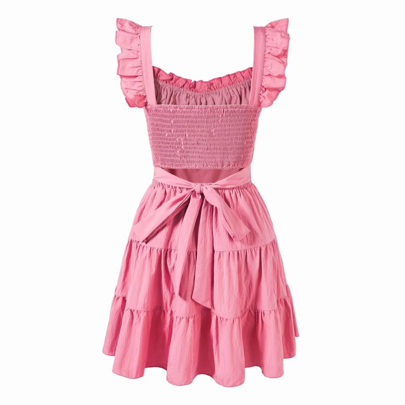 Vintage Pink Dress with Square Collar and Flying Sleeves - Image 2