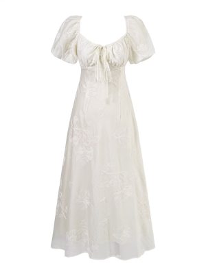 Square Collar Embroidered Puff Sleeve Maxi Dress