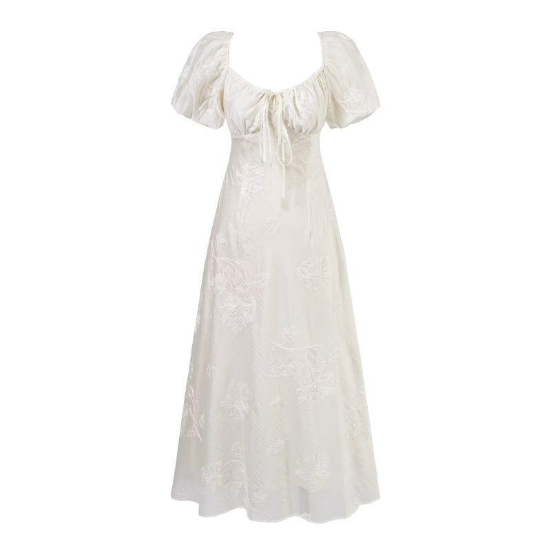 Square Collar Embroidered Puff Sleeve Maxi Dress