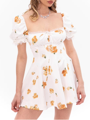Sweet Puff Sleeve Lace A-Line Short Dress