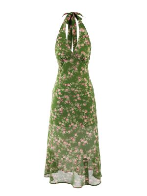 Floral Print Green Halter Vacation Dress