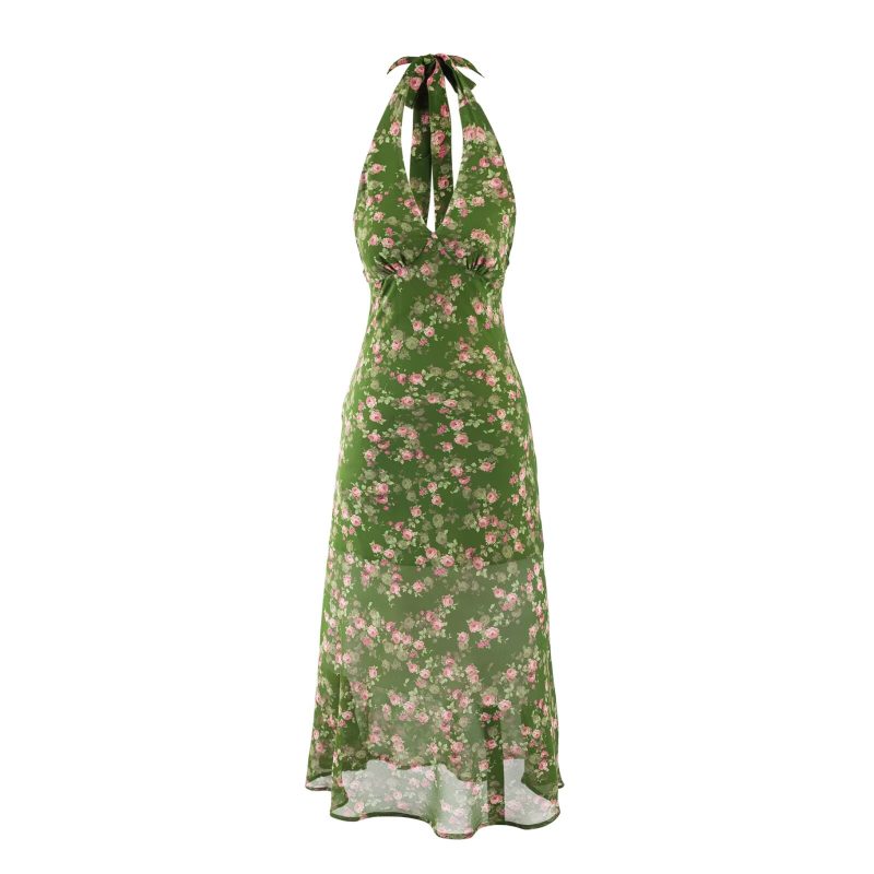 Floral Print Green Halter Vacation Dress