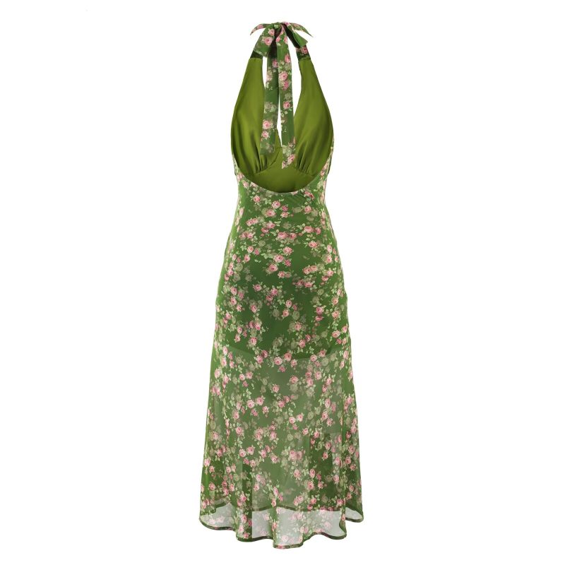 Floral Print Green Halter Vacation Dress - Image 2