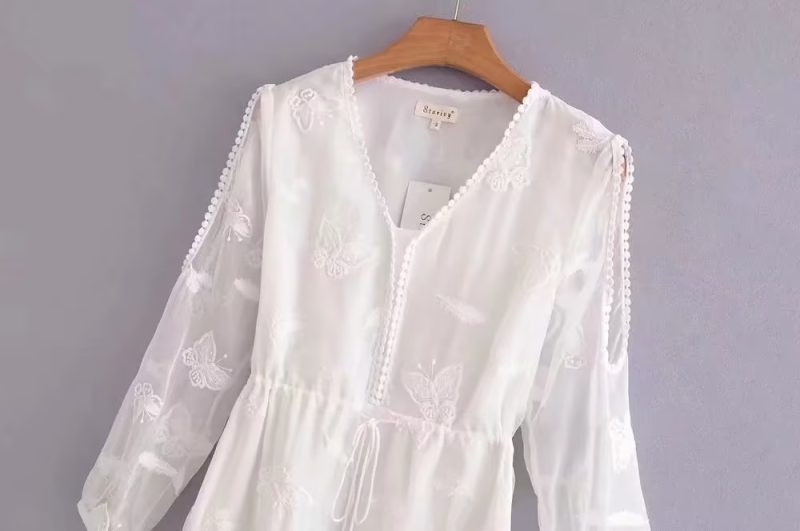 Butterfly Embroidered Off-Shoulder Chiffon Dress - Image 3