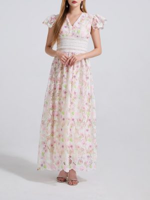 Floral Lace Applique Flutter Sleeve A-Line Dress